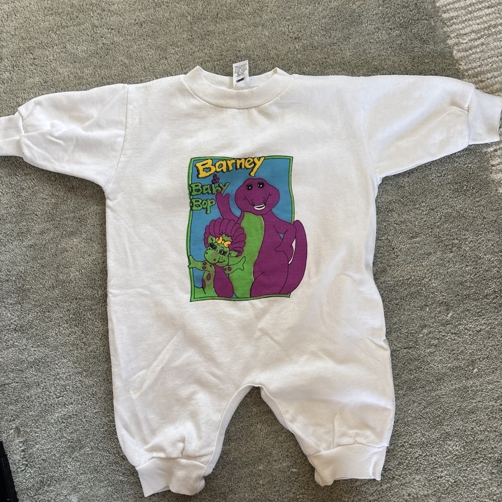 Vintage 1990s Barney & Baby Bop AOP Sweatshirt 1 Piece Romper Toddler Size 18M